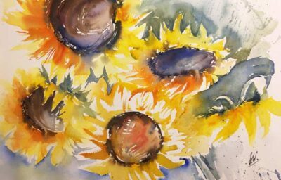 Sonnenblumen in Aquarell leuchten wunderschön.